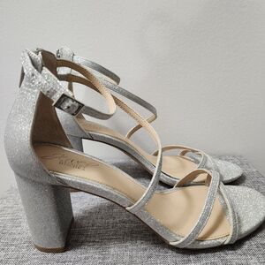 Badgley Mischka Silver Glitter Strappy Block Heel Sandals